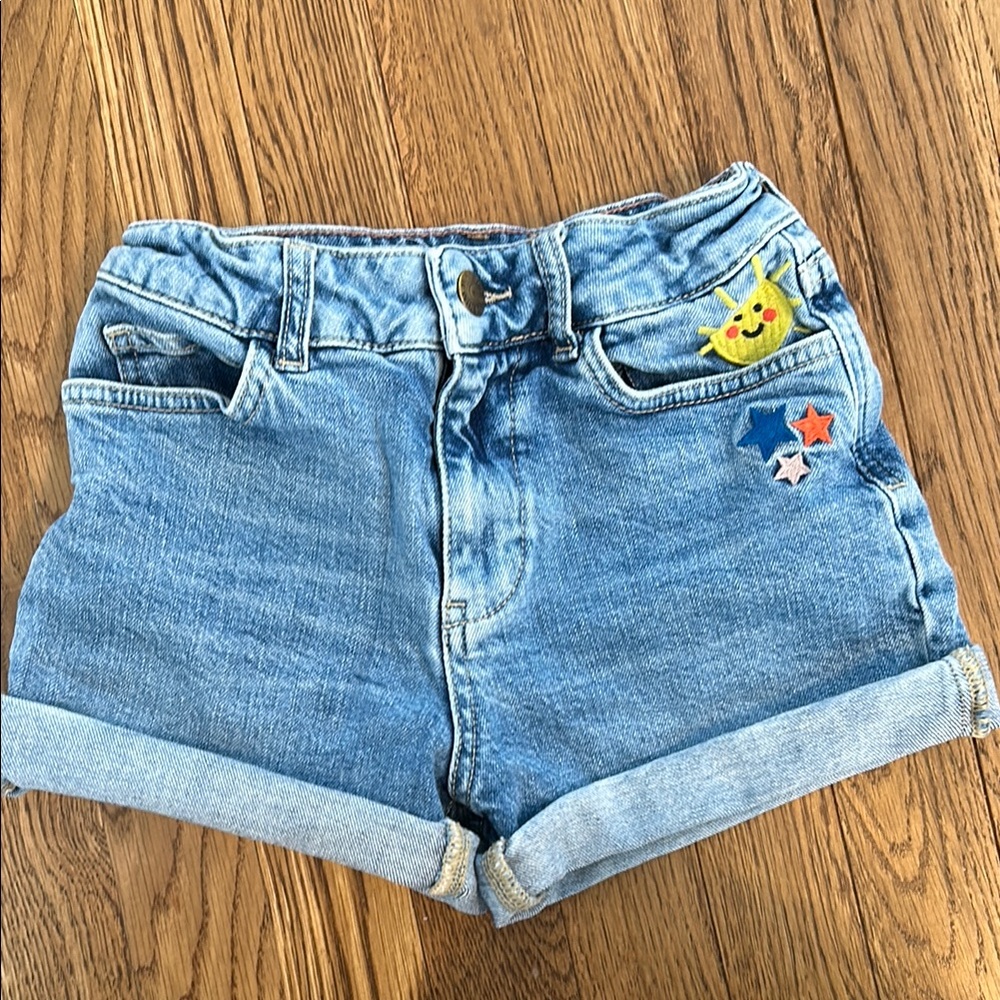 Mini Boden Denim Shorts with Sun, Stars, and Rainbow embroidery. Size 9 Girls.